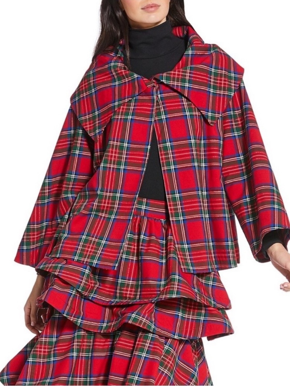 NWT Buru Grace Coordinating Tartan Printed Brocade Point Collar Cropped Coat
